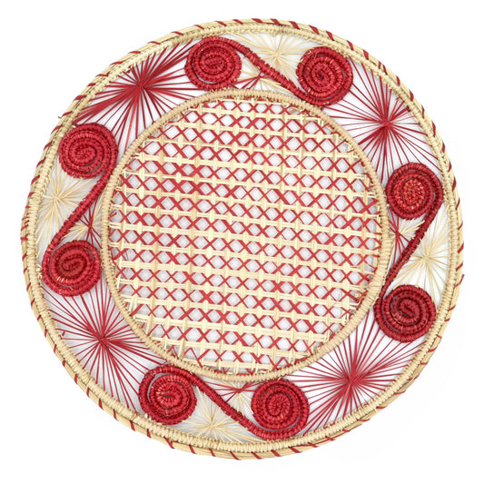 Set x 4 Natural Straw Red Caracol Round Placemats Placemats WASHEIN 