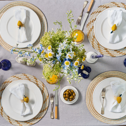 Set x 4 Natural Straw Sky Blue & Gold Round Placemats Placemats WASHEIN 