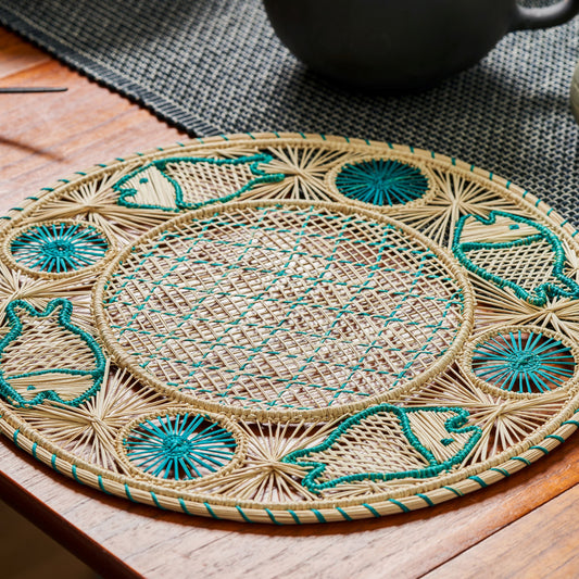 Set x 4 Natural Straw Woven Turquoise Fish Placemats Placemats WASHEIN 