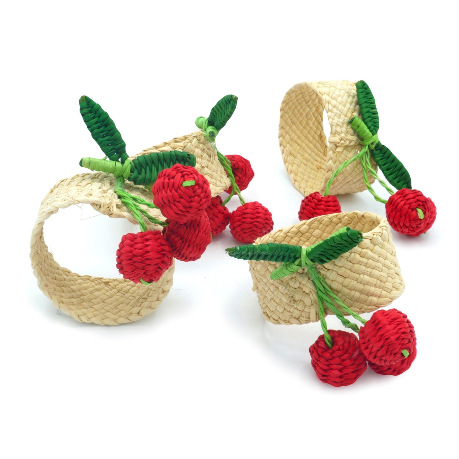 Set X 4 Woven Natural Iraca Straw Red Cherry Fruit Napkin Rings Napkin Rings WASHEIN 