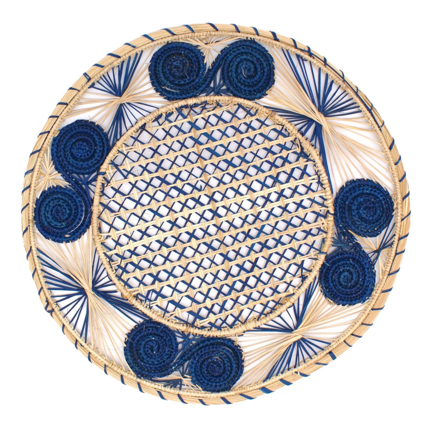 Natural Straw Woven Blue Spiral Round Placemats Placemats WASHEIN 