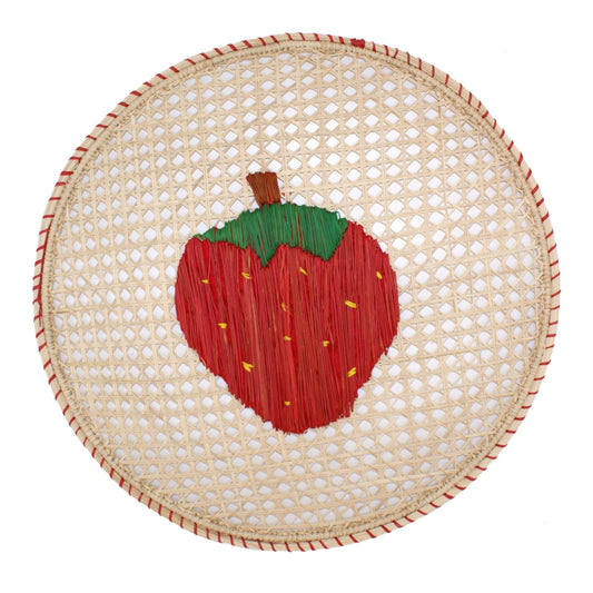 Set X 4 Natural Straw Woven Red Strawberry Fruits Round Placemats Placemats WASHEIN 