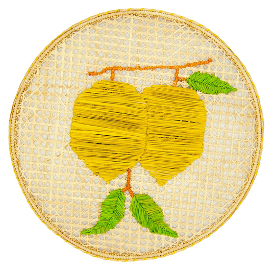 Set x 4 Natural Straw Woven Yellow Lemon Fruits Round Placemats Placemats WASHEIN 