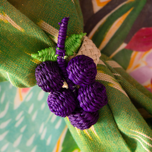 Set X 4 Woven Natural Iraca Straw Purple Grapes Fruit Napkin Rings Napkin Rings WASHEIN 