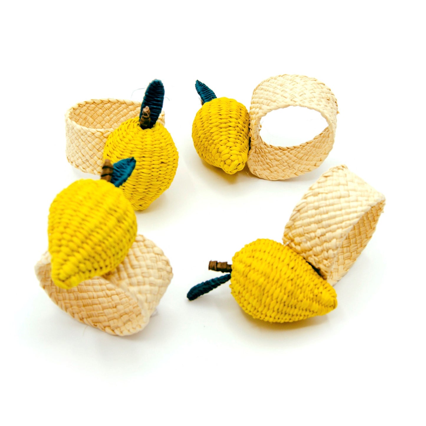Set X 4 Woven Natural Iraca Straw Yellow Lemon Fruit Napkin Rings Napkin Rings WASHEIN 